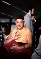 HH Dilgo Khyentse Rinpoche displaying the vitarka mudrā, 1976, SeaTac Airport, Seattle, Washington, USA.jpg